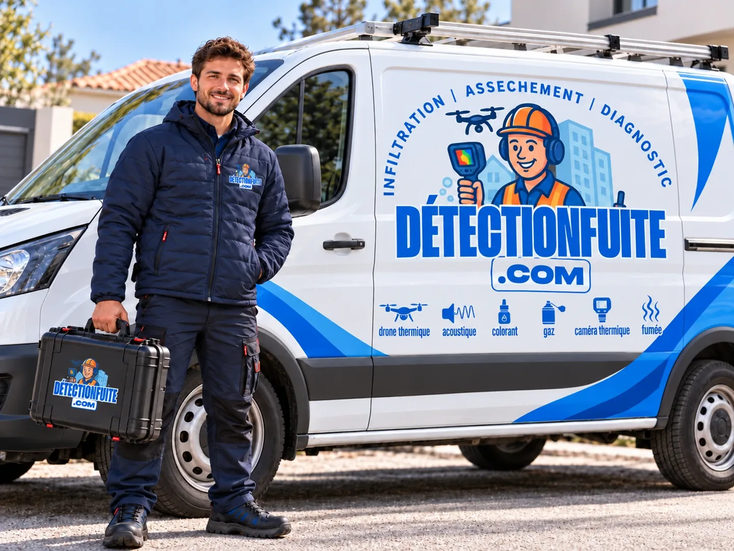 Technicien Détection Fuite devant son véhicule d'intervention, recherche de fuite à Locminé